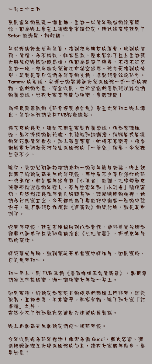 一月二十二日

來到虎年的最後一個星期，星期一以賀年歌曲的錄音開始，因為晚上會在上海總會宴請好友，所以錄音後就到了Salon 做頭髮，扮靚靚。

早前獲頒授金紫荊星章，得到很多朋友的厚愛，收到的賀詞、賀禮，多不勝數，非常感激。原本安排了在上星期請大夥兒吃晚飯回報盛情，但因為感染了病毒，不得不延至星期一晚。很多謝大家百忙中抽空出席。我今天得到的榮譽，其實是來自您們多年來的支持，這點我會銘記於心。Tammy 的蛋糕、梁博士的香檳和大家送給我一份一份的禮物，您們的心意，完全收到，也希望您們喜歡我送給您們的蘿蔔糕，也祝大家來年開心快樂，身體健康！

為保良局籌款的《新春保良迎金兔》會在大年初二晚上播出，星期二我們先在TVB影廠錄影。

接下來的幾天，雖然不用在家製作蘿蔔糕，但和家傭姐姐，馬不停蹄的到花墟、九龍城和銅鑼灣，搜購各式各樣的年花和賀年食品，加上佈置家居，忙得不亦樂乎。很多謝國畫大師林天行先生送給我的「一筆兔」揮春，令家裡生色不少。

除夕，先回公司和拍檔們為初一的賀年節目對稿，晚上就出席了好朋友高先生的年夜飯，席中有不少來自湛江的新一代老倌，都是當年出身自「小孔雀」劇團，之後帶藝來演藝學院深造的年輕人，高先生當年和「小孔雀」關係密切，自然對這幾位年青人照顧有加，經過時間的洗禮，他們多已成家立室，今天都成為了粵劇行中獨當一面的中堅份子，最近和我合作演出《修羅殿》的梁兆明，就是其中例子。

吃完年夜飯，就在吉時前回到八和會館，參拜華光先師和觀看八和弟子在先師壇前演出《七仙賀壽》，祈求來年先師的庇佑。

拜完華光先師，就到家英哥弟弟家中拜祖先，回到家時，已是兔年初一。

初一早上，到 TVB 主持《喜氣洋洋玉兔賀新歲》，和同事們寓工作於娛樂，過一個快樂大年初一早上。

回到家裡，好朋友和家英哥的徒弟們陸續上門拜年，談天聚舊，互相恭喜，不亦樂乎。奉客食物，除了和大家「打邊爐」之外，
當然少不了我和蘇太名醬合力炮製的蘿蔔糕。

晚上再和高先生和朋友們吃一頓新年飯。

今年收到很多新年禮物！非常多謝 Gucci、蘇太名醬、溥儀眼鏡和理工大學送給我的心意，謹祝大家新年進步，事事如意！
